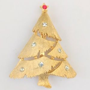Vintage JJ Christmas Tree Brooch Pin Rhinestones
